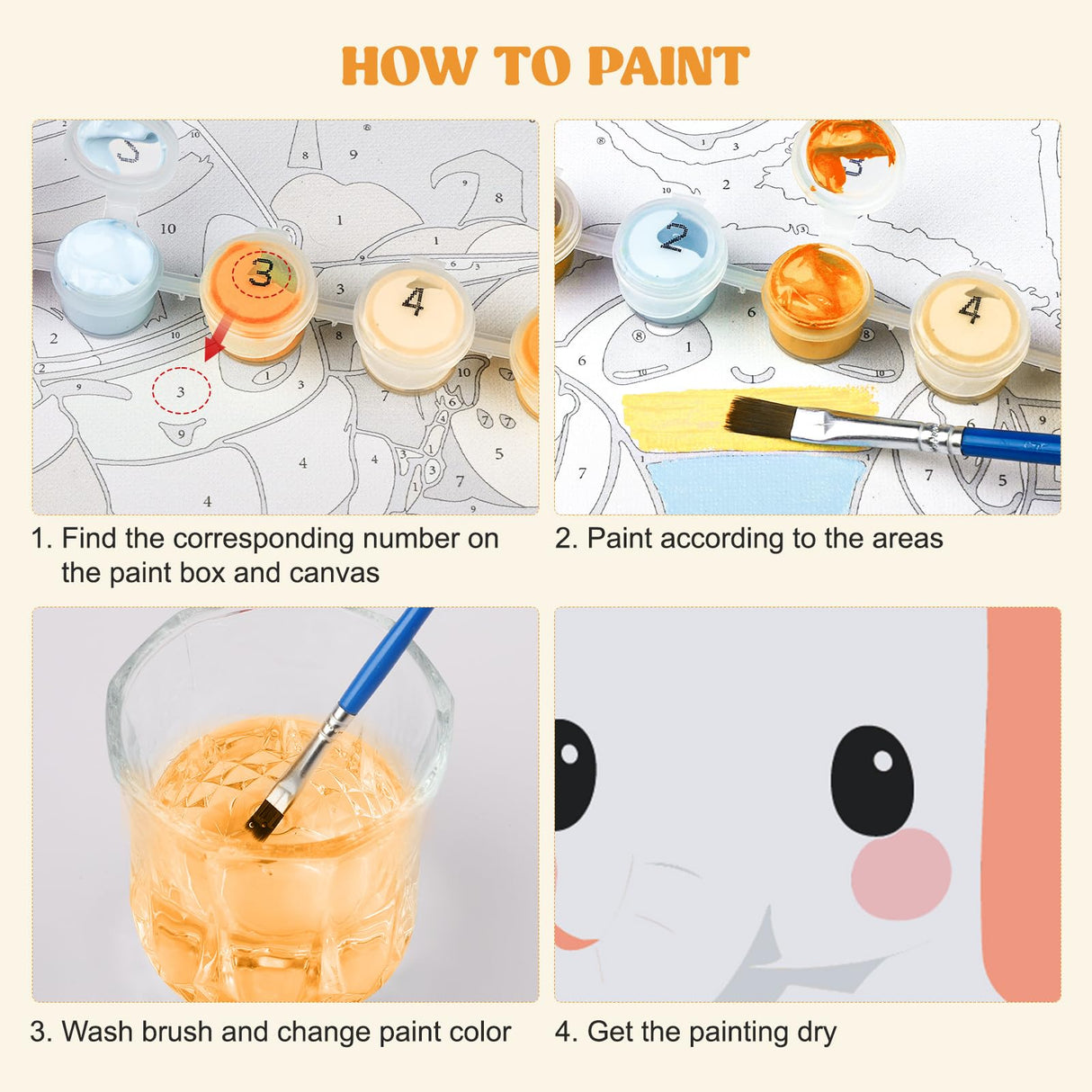 MXJSUA 4 Pack Cute Animals Paint by Numbers Kit with Framed Canvas for Ages 6-12 Kids, Elephant Paint by Numbers Kits for Children Beginners, Acrylic Oil Painting for Home Wall Decor Gift (8x8 inch) MXJSUA