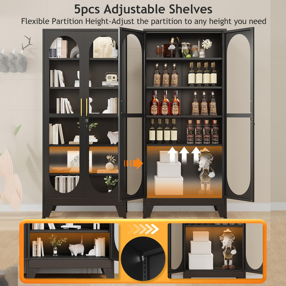 PAOFIN 75" H Locking Display Cabinet with Glass Door, Metal Curio Cabinets with 5 Adjustable Shelves, Tall Liquor Cabinet Display Case for Living Room, Wine, Clinic, Home - Assembly Required Black PAOFIN