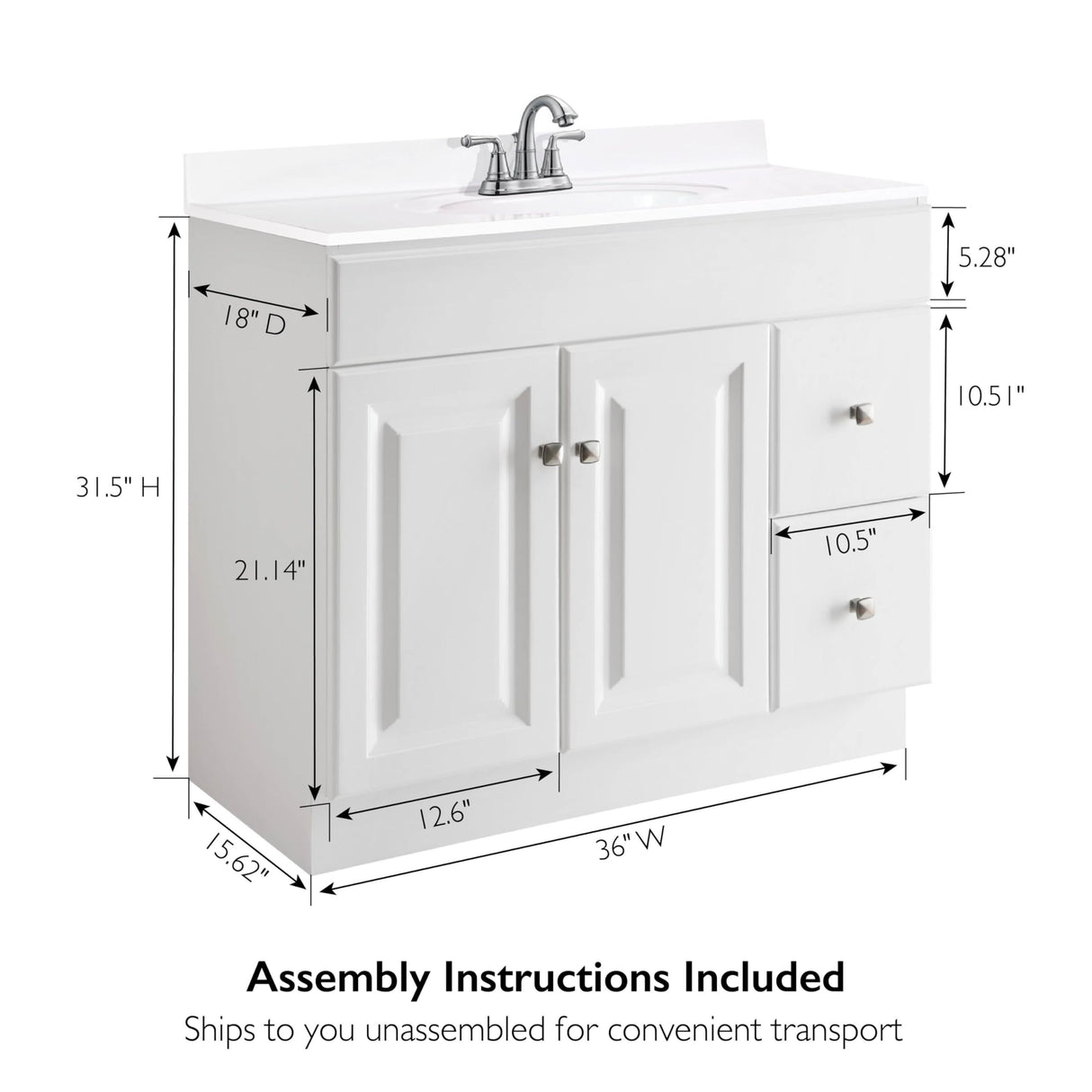 Design House Wyndham 36 Inch Bathroom Vanity, Ready to Assemble, Solid Wood, White, 597237 Design House