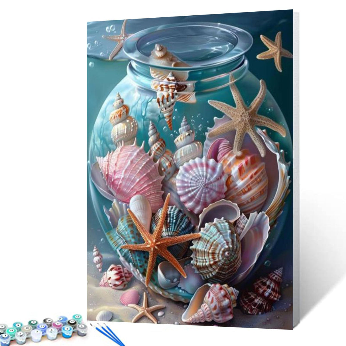 Shells and Star Fish in a Glass Jar Paint By Bumbers for Adults Night Ocean Sea Landscape DIY Paint by Numbers Acrylic Paint Canvas Sea Ocean Scenery Painting Kits Art 16x20 Inch（without Frame） Tucocoo