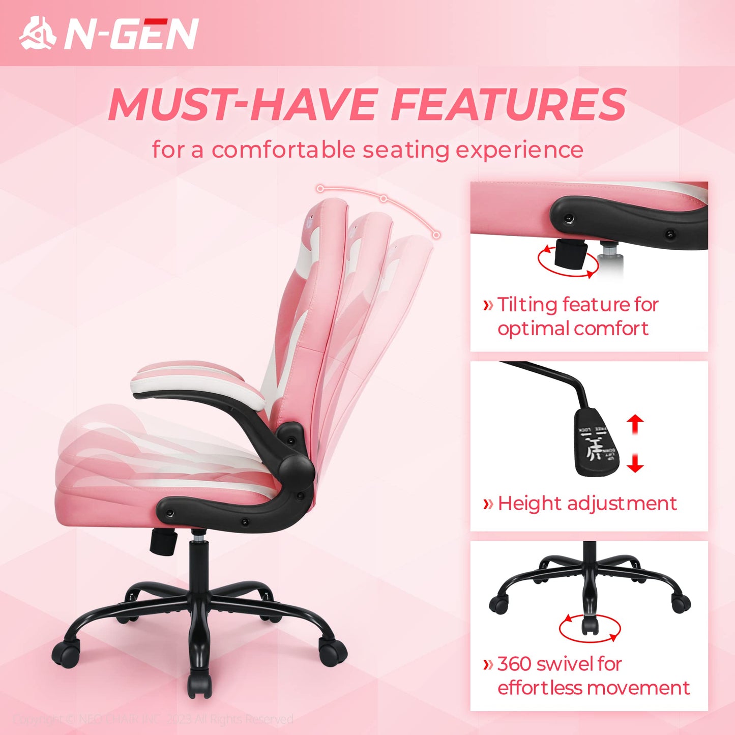 N-GEN Video Gaming Computer Chair Ergonomic Office Chair Desk Chair with Lumbar Support Flip Up Arms Adjustable Height Swivel PU Leather Executive with Wheels for Adults Women Men (Pink)