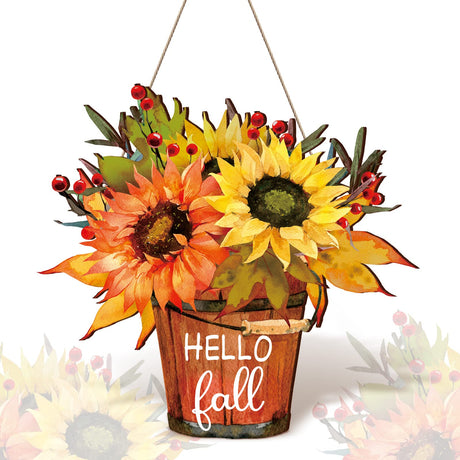 Hello Fall Sign Hello Fall Door Sign Wooden Farmhouse Home Sign with Fall Sunflower for Porch Farmhouse Thanksgiving Autumn Front Door Outdoor Home Decor Bucherry