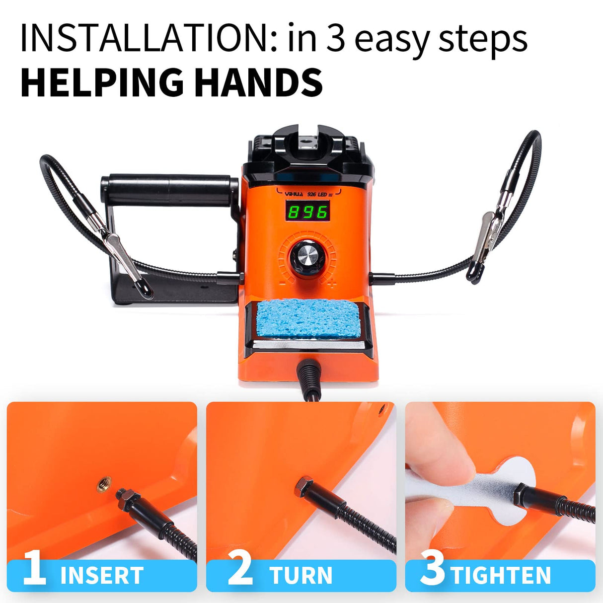 YIHUA 926 III 60W LED Display Soldering Iron Station Kit w 2 Helping Hands, 6 Extra Iron Tips, Roll of Lead-Free Solder, Solder Sucker, S/S Tweezers, °C/ºF Conversion, Auto Sleep & Calibration Support YIHUA