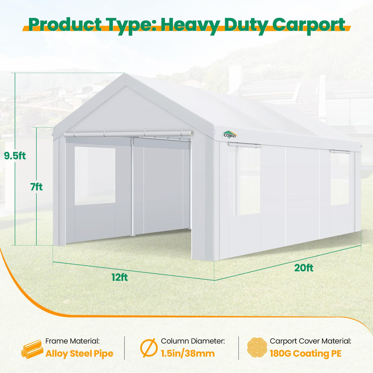 COBIZI Carport Canopy 12x20 Heavy Duty Portable Garage with Removable Sidewalls & Doors, Galvanized Frame Car Port Canopy Tent with Built-in Sandbags & All-Season Tarp for Car Boat Truck, White COBIZI