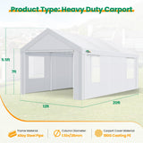 COBIZI Carport Canopy 12x20 Heavy Duty Portable Garage with Removable Sidewalls & Doors, Galvanized Frame Car Port Canopy Tent with Built-in Sandbags & All-Season Tarp for Car Boat Truck, White COBIZI