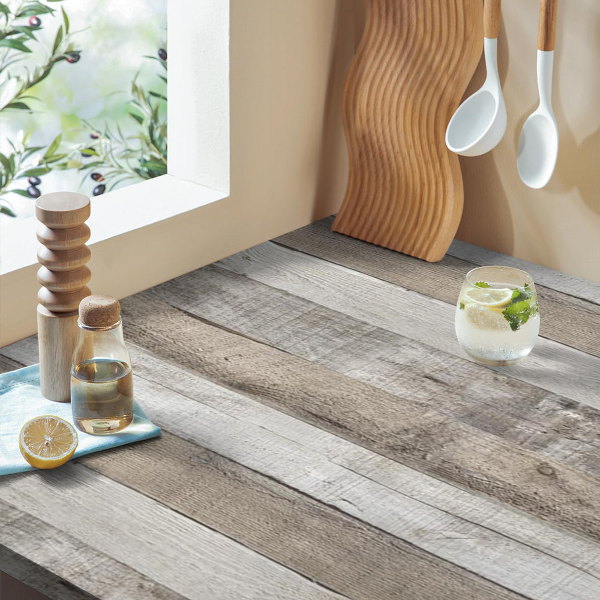 LXCREAT Faux Wood Butcher Block Contact Paper, Shiplap Peel and Stick Wallpaper Wooden Planks for Walls 17.5"X118", Natural Grey Self Adhesive Removable Rustic Wallpaper for Shelf Kitchen Decoration LXCREAT