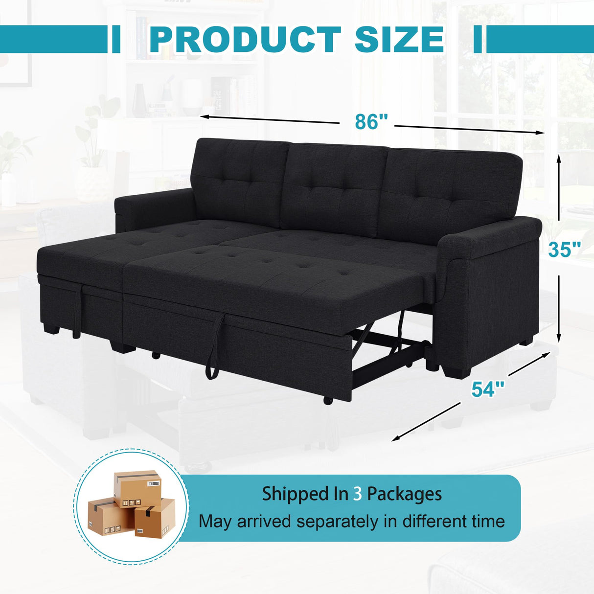 Lyngins L Shaped 3 Seat Sofa Bed with Storage, 86" Sleeper Sofa Couch with Pull Out Chaise Sectional Couch for Apartment, Bedroom, Living Room, Black Lyngins