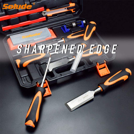 SOLUDE 11Pcs Wood Carving Chisel Set,Heated Treated Cr-V Woodworking Chisels Tool Kit with Sharpening Stone,Honing Guide,Carpenter Pencils SOLUDE