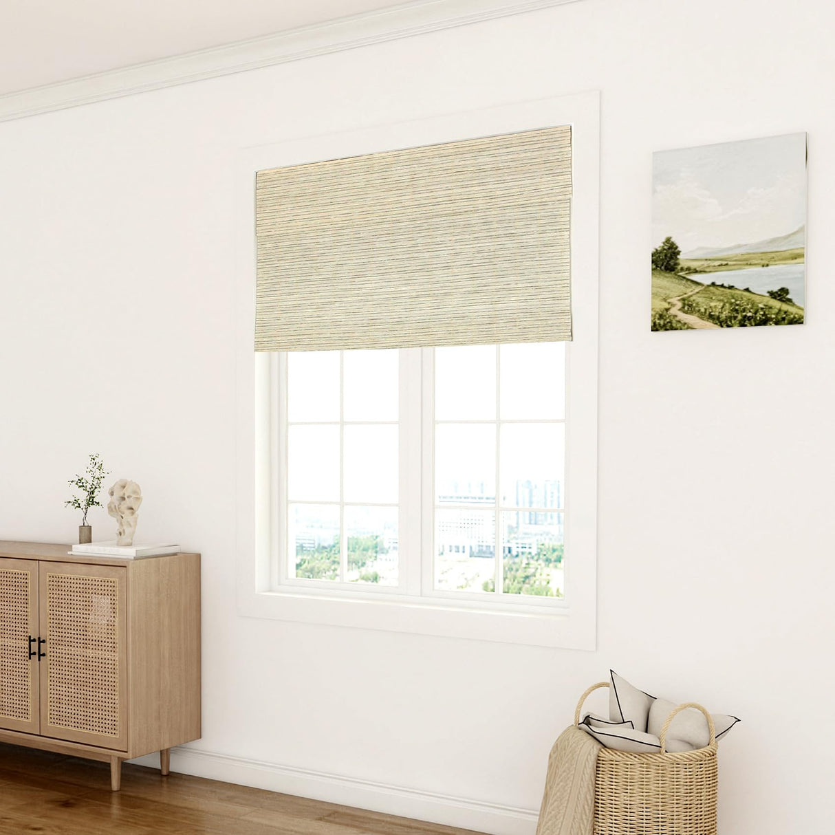 LUSTROWIN Custom Cordless Flax/Paper/Bamboo Roman Window Shades with Valance, Window Blinds Light Flitering Window Treatment Shades for Indoor Windows, Griege, 31" W x 64" H LUSTROWIN