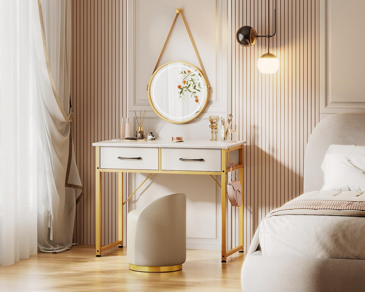 ODK 32 Inch Vanity Desk with Fabric Drawers & Versatile Hook, Makeup Dressing Table with Storage, Home Office Desks for Bedroom, Modern Writing Desk for Small Spaces, White and Gold Leg (No Mirror) ODK