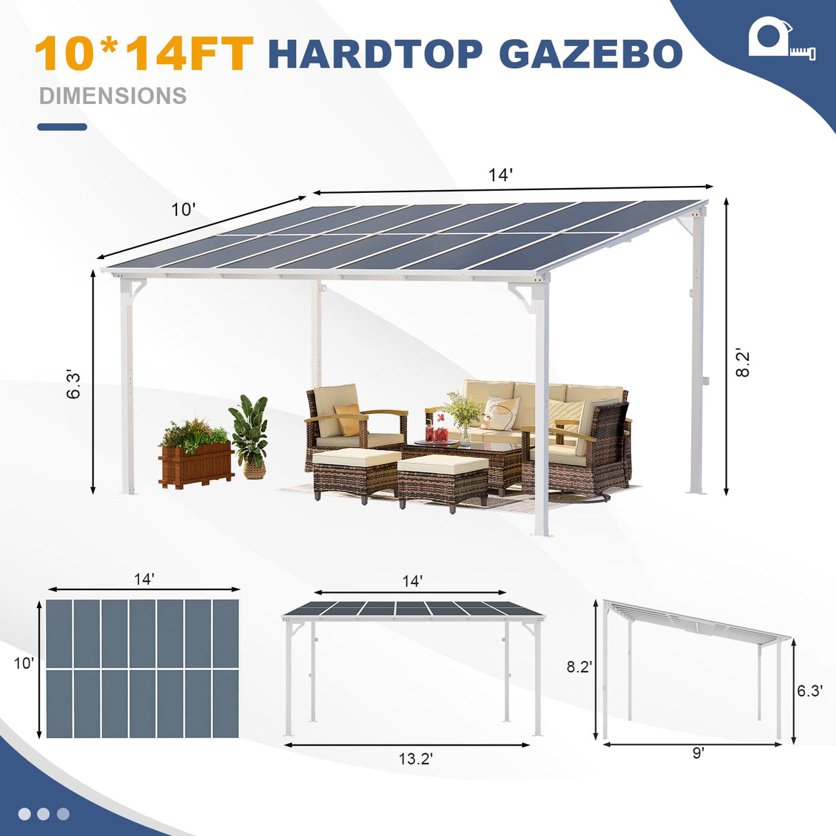 MEISSALIVVE 10' x 14' Gazebo, Wall Mounted Gazebo, Lean to Metal Awnings Gazebos, Gazebo Pergola with Sloped Roof, Outdoor Patio Gazebo Awning for Backyard, Deck, White MEISSALIVVE