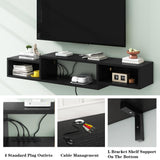 IBUYKE 59" Floating TV Stand Wall Mounted with Power Outlet,Wood Wall Mounted Media Console Shelf,Floating Entertainment Center for Under TV Storage for Living Room Bedroom Office,Black WST007B IBUYKE