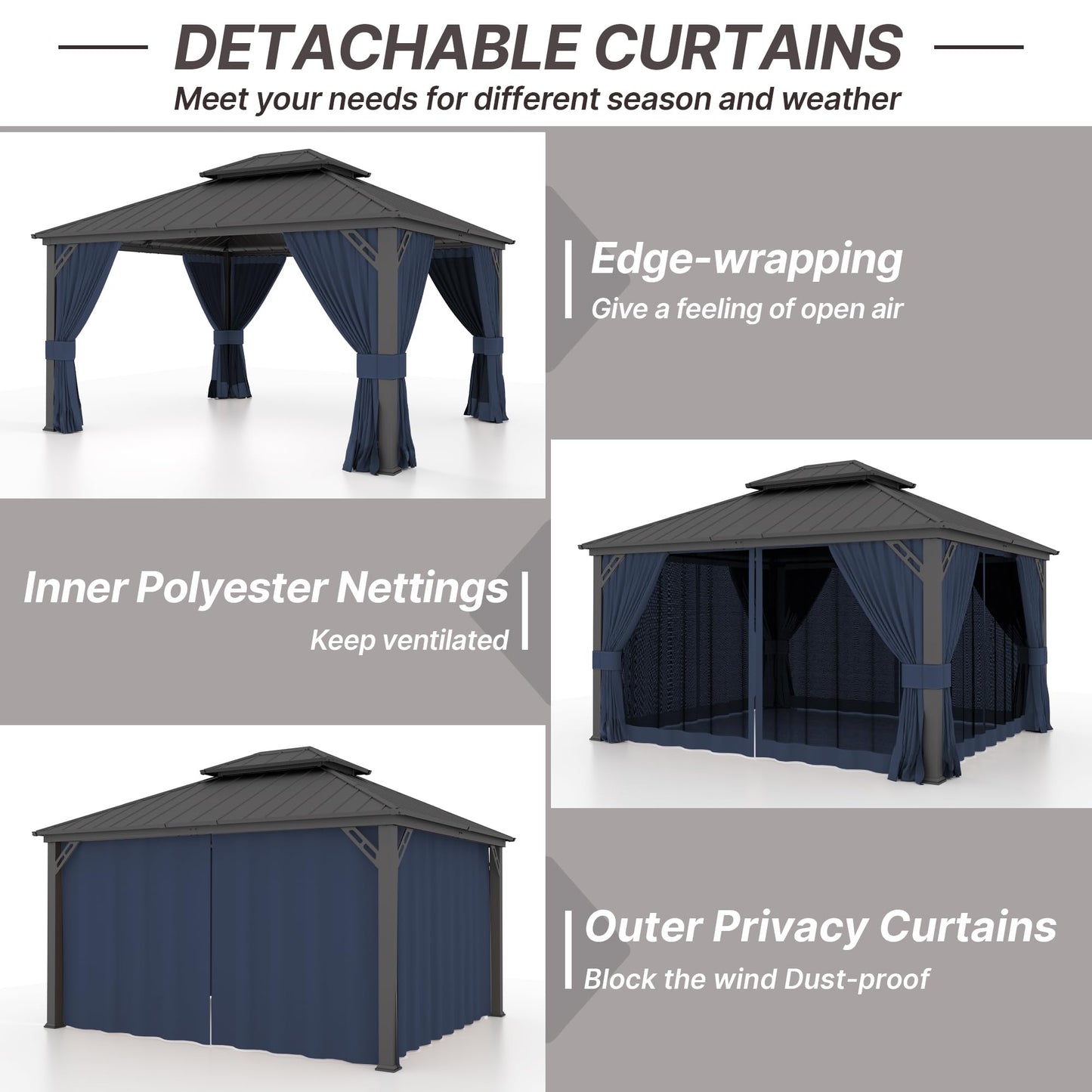 Gotland 2024 New 12' x 14' Hardtop Gazebo, Outdoor Iron Metal Double Roof Pergola with Curtains and Netting for Patio, Garden, Lawn, Navy - WoodArtSupply