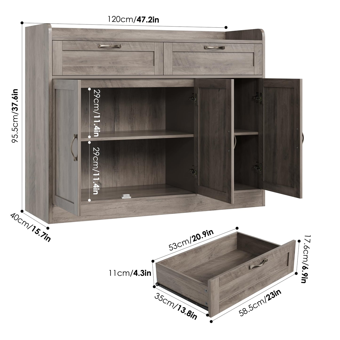 Sideboard Buffet Cabinet with 2 Storage Drawers 3 Doors Coffee Bar Cabinet with Adjustable Shelf, Farmhouse Wood Storage Cabinet for Kitchen Dining Room Coffee Bar, 47.2” Large Tabletop, Rustic