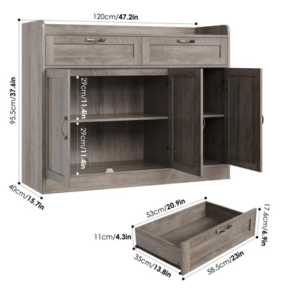 Sideboard Buffet Cabinet with 2 Storage Drawers 3 Doors Coffee Bar Cabinet with Adjustable Shelf, Farmhouse Wood Storage Cabinet for Kitchen Dining Room Coffee Bar, 47.2” Large Tabletop, Rustic