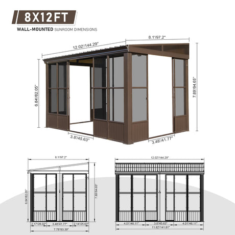 Domi 8x12FT Sun Room, Wall Mounted Gazebo Solarium with Galvanized Steel Sloping Roof, Moveable PC Screen, Front Door & 2 Side Entrance, Outdoor Aluminum Lean-to Sunroom for Patio Deck domi outdoor living