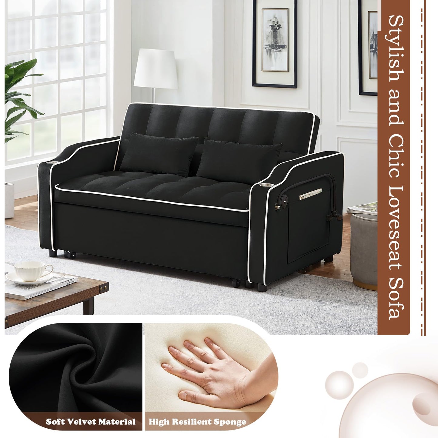 Pull Out Sofa Bed with Phone Holder, Convertible Velvet Loveseat Sleeper with 2 USB Charging Ports, Modern Futon Couch with Cup Holders and Adjustable Backrest, Small Love Seat for Living Room, Black