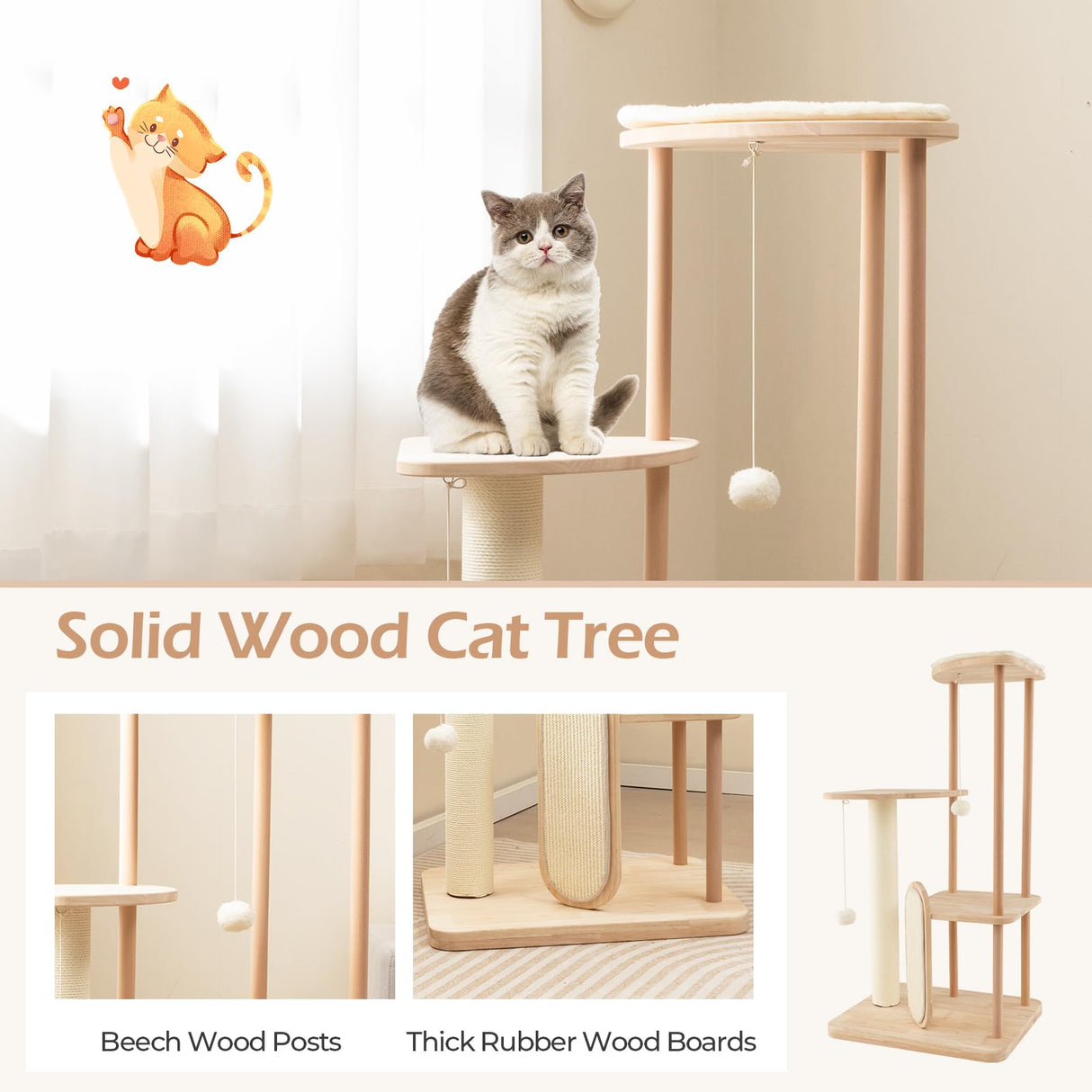 PETSITE 44 Inches Cat Tree, Multi-Level Modern Cat Tower with Sisal Scratching Post and Board, Padded Top Perch, and Hanging Balls, Minimal Wooden Cat Tree Tower for Indoor Cats Large Adult PETSITE