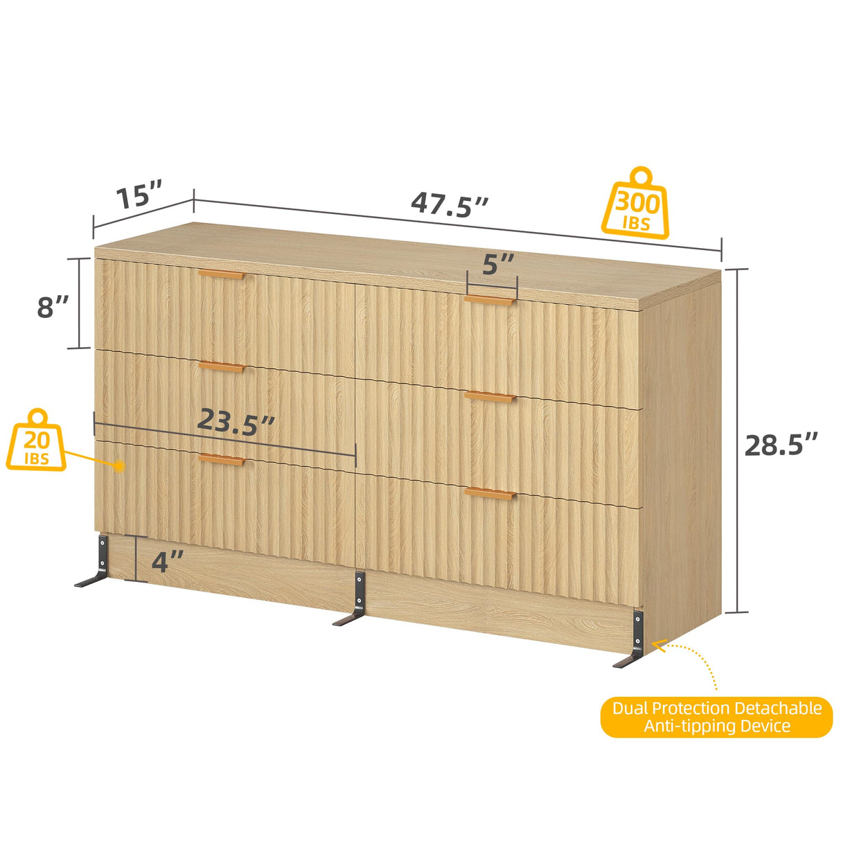 DWVO 6-Drawer Dressers, Chest of Drawers with Fluted Panel, Wide Versatile Storage Dresser Organizer for Living Room, Kitchen and Office, Natural DWVO