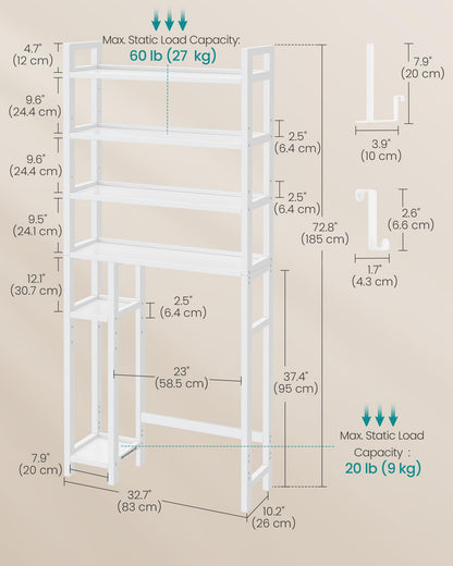 SONGMICS Over The Toilet Storage Shelf with Toilet Paper Holder, Bamboo Bathroom Organizer with Adjustable Shelves, 10.2 x 32.7 x 72.8 Inches, 4 Hooks, Storage Rack, Cloud White UBTS017W01