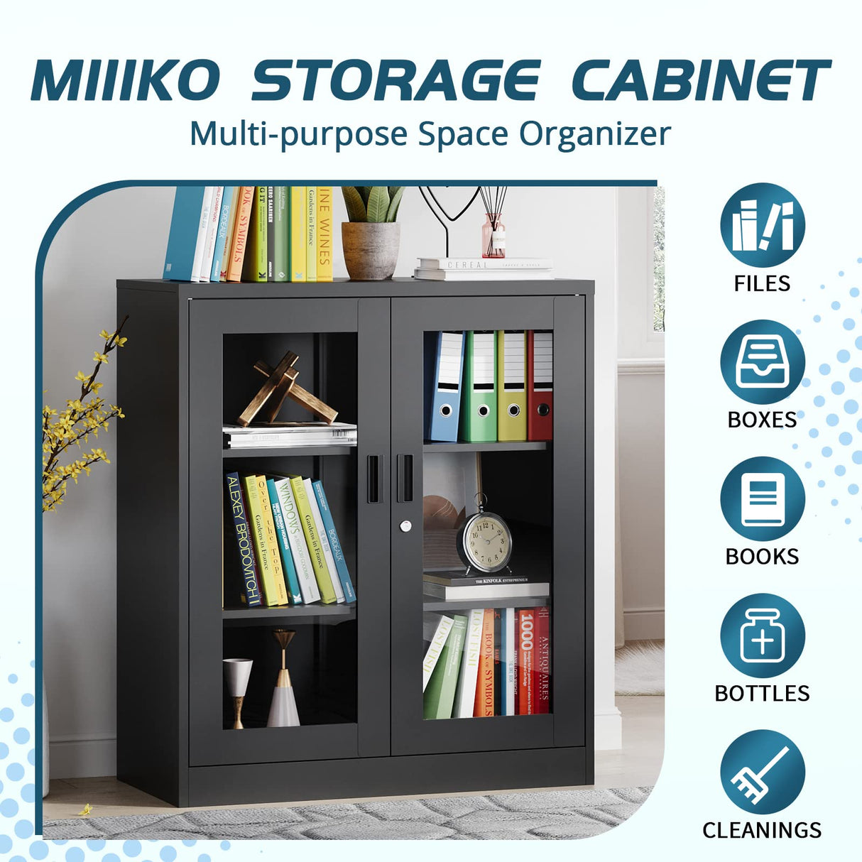 MIIIKO Metal Storage Cabinet with Glass Doors, Counter High Display Cabinet with 2 Adjustable Shelves and Tempered Glass Doors, Locking Small Display Cabinet… MIIIKO
