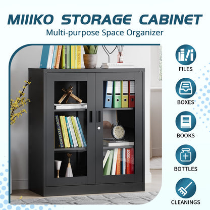 MIIIKO Metal Storage Cabinet with Glass Doors, Counter High Display Cabinet with 2 Adjustable Shelves and Tempered Glass Doors, Locking Small Display Cabinet… - WoodArtSupply