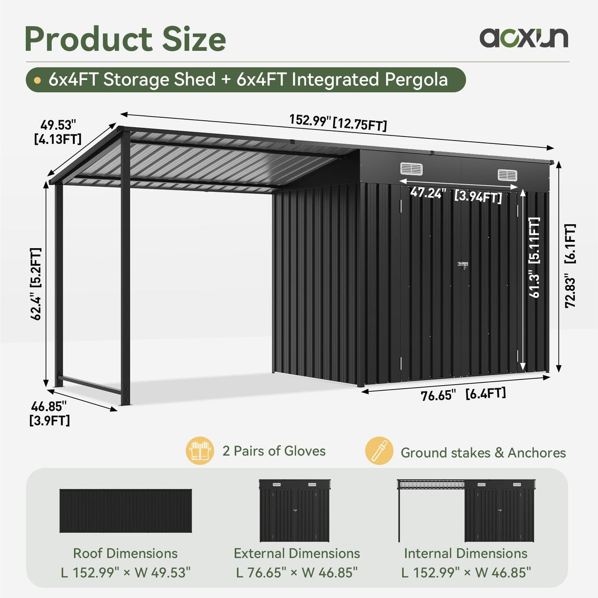 Aoxun 6x4FT Outdoor Storage Shed & Hardtop Gazebo Combo, 12x4FT Metal Lean to Shed with Open-Sided Pergola, Durable Garden Tool Shed for Patio, Backyard, Deck Aoxun