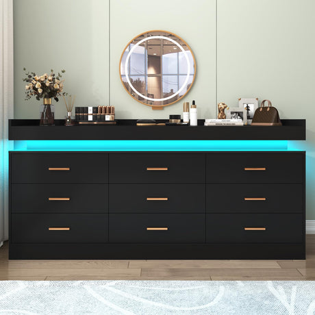 Hlivelood 9 Drawer Dresser with LED Light, Modern Chest of Drawers for Closet, Wide Drawer Organizer Cabinet for Bedroom, Living Room, Entryway, Hallway(9 Drawer Black) Hlivelood