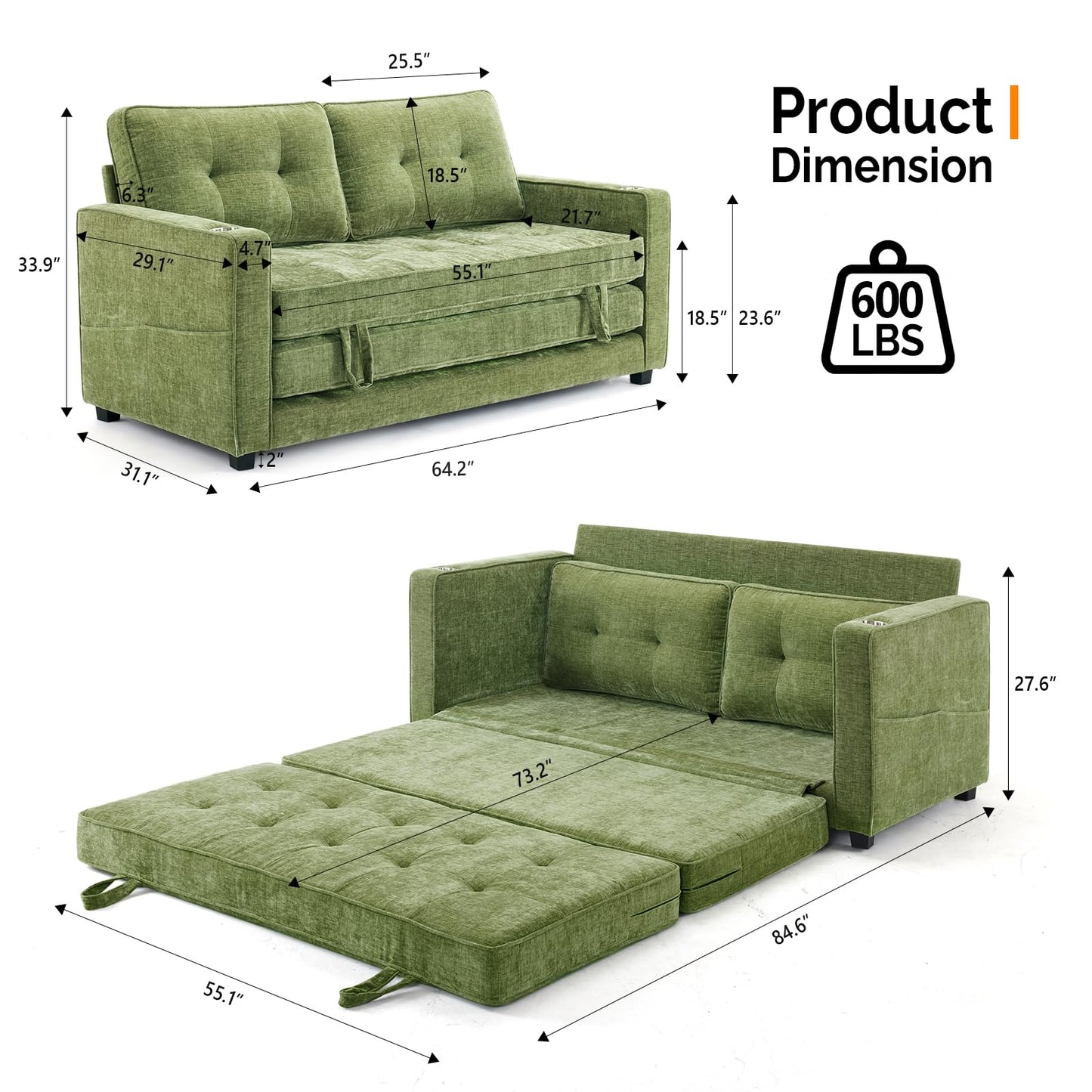 VINGLI Sofa Bed Full Size Pull Out Couch Bed Olive Green Futon Couch 64" W 84" L Loveseat Sleeper Floor Couches for Living Room Convertible Loveseat Sofa Foldable Sofa Bed - WoodArtSupply