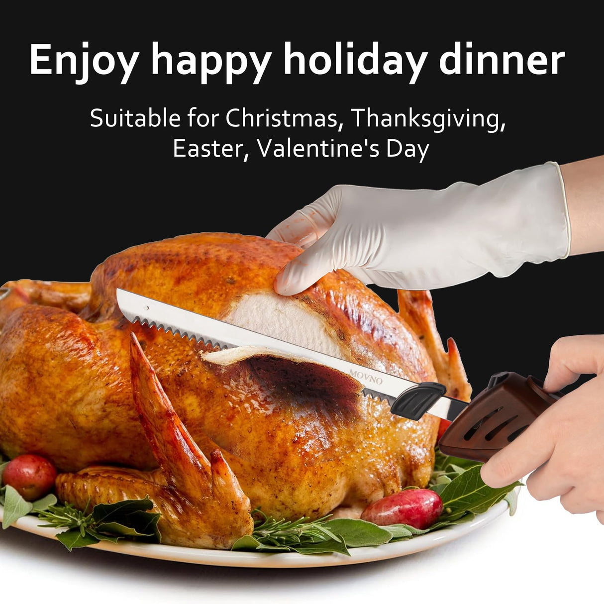 MOVNO Electric Knife for meat slicing, Carving Turkey, Bread, Poultry, Fillet, Crafting Foam and More, 2 Reciprocating Serrated Stainless Steel Blades, Ergonomic Handle, 60 inch Cord MOVNO