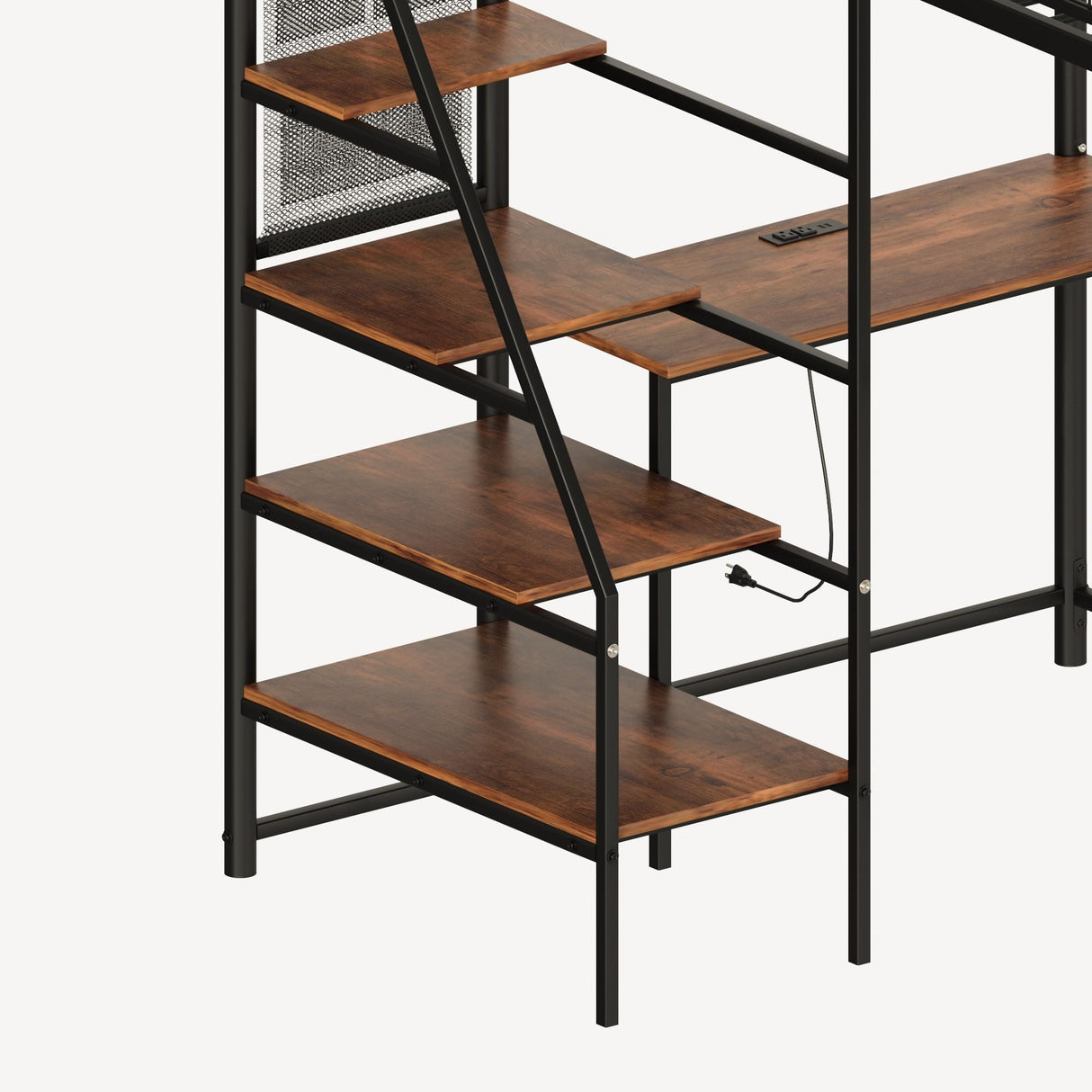 LUMISOL Full Size Metal Loft Bed, Heavy Duty Metal Loft Bed Frame with Staircase, Built-in Charging Station and LED Lighting for Bedroom, Dormitory, Black LUMISOL