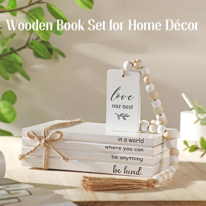 Wood Decorative Fake Books for Home Decor,4pcs Rustic Farmhouse Faux Book Stack Wood with Bead Tassels for Living Room Decorative Books Display