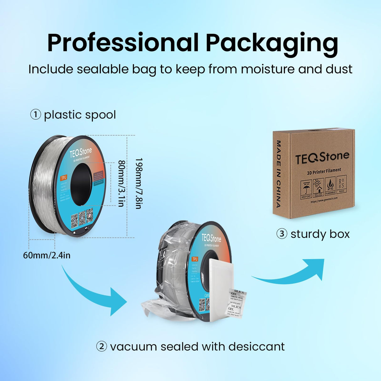 TEQStone TPU Filament 1.75mm Blue 1Kg Spool 95A Flexible Soft 3D Printer Filament Consistent Diameter +/-0.03mm in Vacuum Package TEQStone