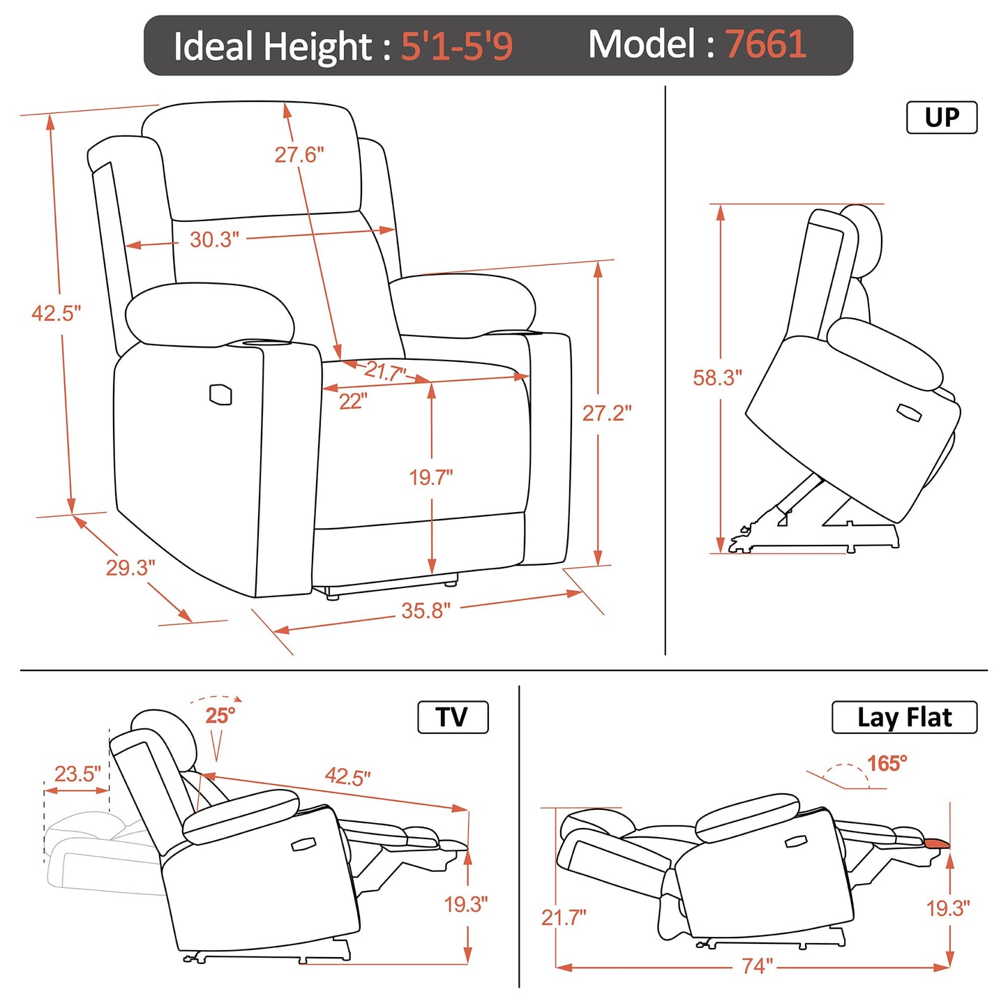 MCombo Medium Dual Motor Power Lift Recliner Chair with Massage and Heat for Elderly People, Adjustable Headrest, Infinite Position, USB Ports, Fabric 7661 (Grey, Medium)