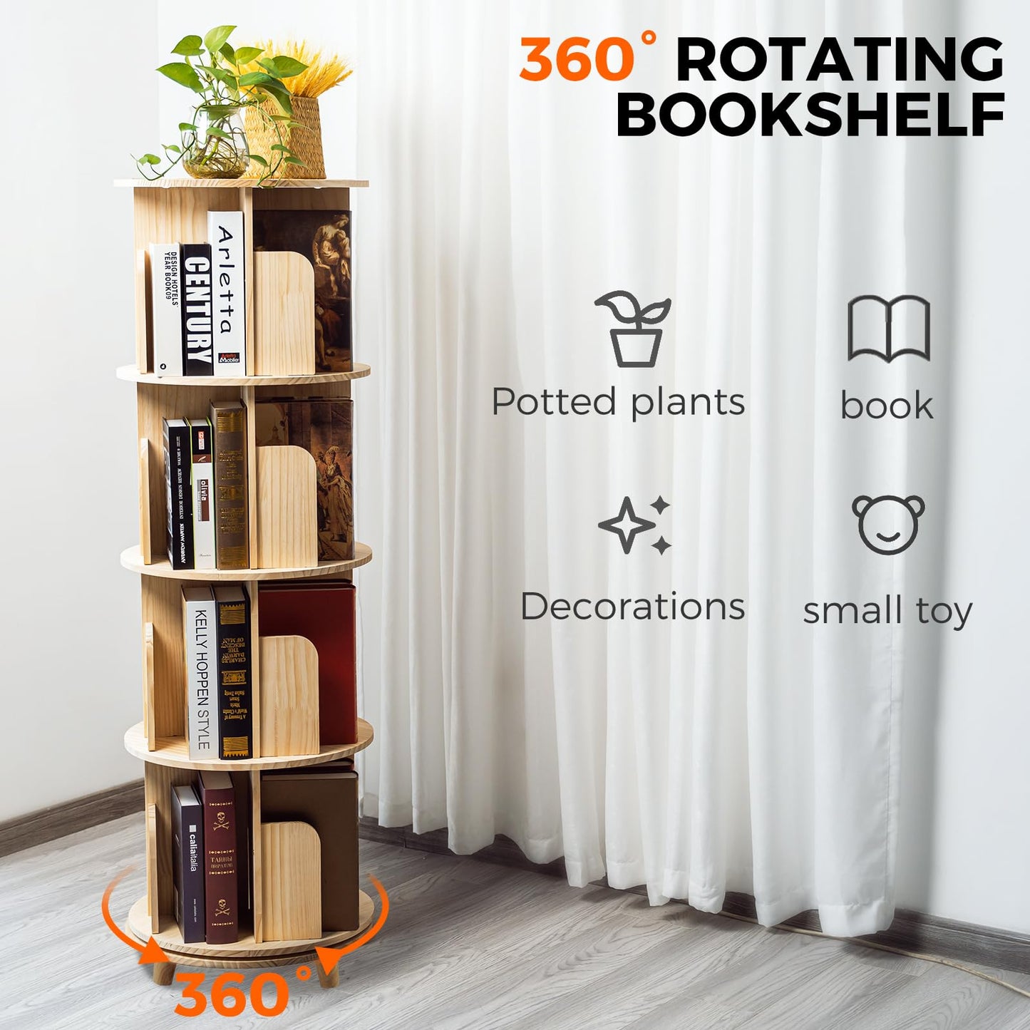 ZBPRESS 5-Tier Rotating Wood Bookshelf with Legs - 360° Space-Saving Storage Solution - WoodArtSupply