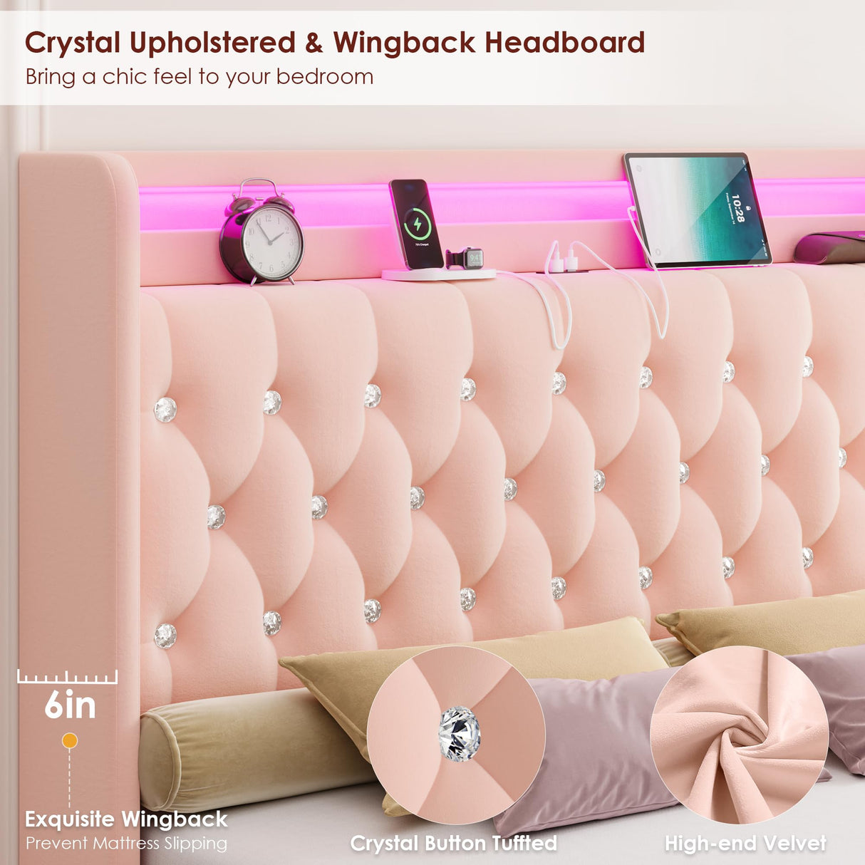 HIFIT Upholstered Full Size LED Bed Frame with Charging Station & 4 Storage Drawers, Velvet Crystal Button-Tufted Wingback Headboard, Princess Platform Bed Frames for Girls, No Box Spring Needed, Pink HIFIT