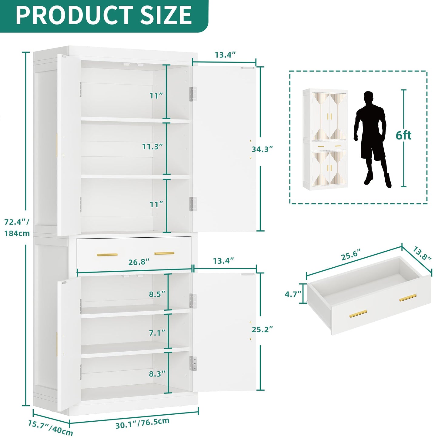 YITAHOME Pantry Cabinet, 72" Tall Kitchen Cabinet with Carved Design Doors, Modern Freestanding Tall Cupboard Storage Cabinet with a Drawer ＆ Adjustable Shelves for Kitchen, Living Room, White