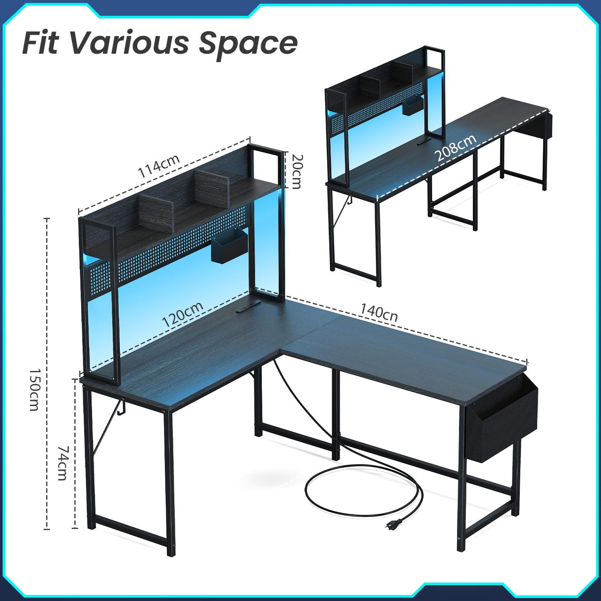 DOMICON Gaming Desk Computer Desk with Storage, L Shaped Desk with Power Outlet & LED Strip, Office Desk with Pegboard, Corner Deck for Home Office Black Wooden Table DOMICON
