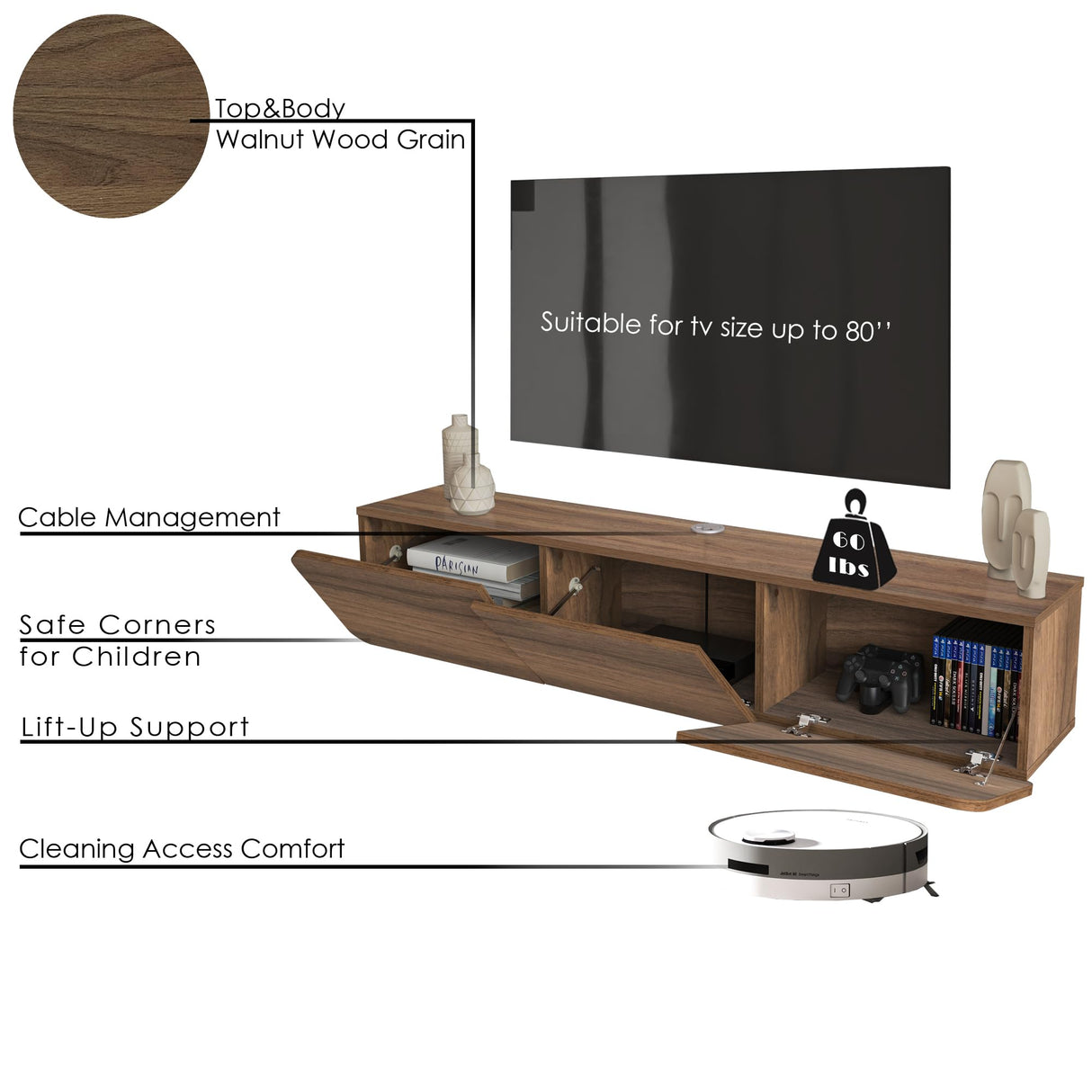 Atelier Mobili Floating TV Stand for 75 Inch TV, Wall Mounted Entertainment Center, Modern Media Console, Mid Century Modern TV Stand, Floating TV Stand 65 Inch ATELIER MOBILI THE LEADER OF THE INTERCHANGEABLE FURNITURE