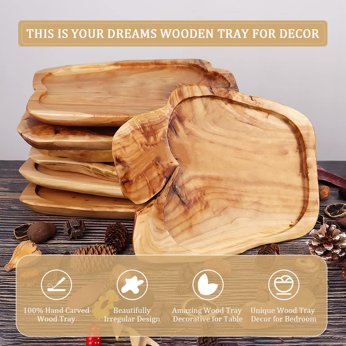 DeziWood Wooden Tray for Decor, Small Wood Serving Tray, Rustic Wood Decorative Tray, Farmhouse Candle Holder Decorative Tray for Home Decor, 13x9.8x1.5 Inch DeziWood