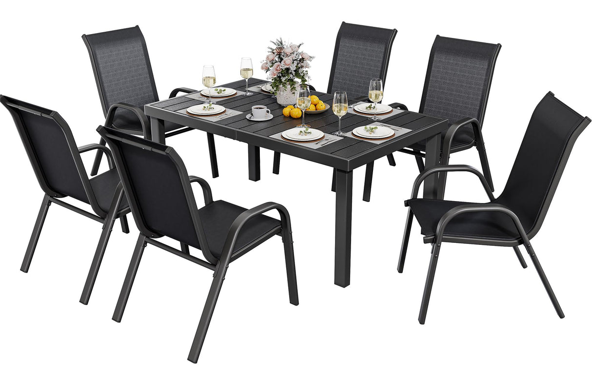 YITAHOME Stackable Patio Dining Set for 6, Breathable Outdoor Dining Set w/55 Aluminum Patio Table & 6 Stackable Patio Chairs Set, All Weather Outdoor Patio Dining Set for Backyard Deck Porch, Black YITAHOME