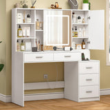 Quimoo 47" Vanity Desk with Sliding Lighted Mirror and Power Outlet, Makeup Vanity Desk with 5 Drawers and Cabinet, Hidden and Open Shelves, Vanity Table Set with 3 Color Lighting (White) Quimoo