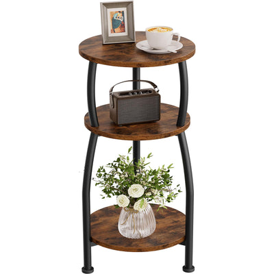 Yuede Small Round Side Table, 3-Tier End Table with Storage Shelf, Slim Sofa Table Coffee Table, Sturdy & Easy Assemble Nightstand for Small Spaces, Living Room Bedroom Corner, Rustic Brown