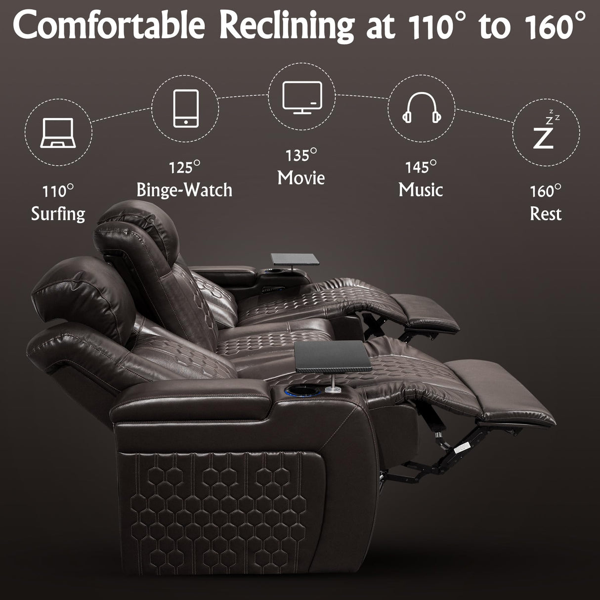 NMXUXMN Home Theater Seating,Top-Grain Leather Recliner Sofa, Zero Gravity Power Reclining Couch with Ambient LED Lights, Cup Holders & USB, Tray Table-Row of 3 with Drop Table Black NMXUXMN