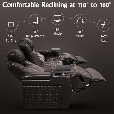 NMXUXMN Home Theater Seating,Top-Grain Leather Recliner Sofa, Zero Gravity Power Reclining Couch with Ambient LED Lights, Cup Holders & USB, Tray Table-Row of 3 with Drop Table Black NMXUXMN