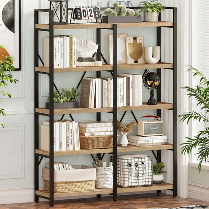 Industrial 5-Tier Rustic Oak Bookshelf with Open Shelving Unit by FATORRI - WoodArtSupply