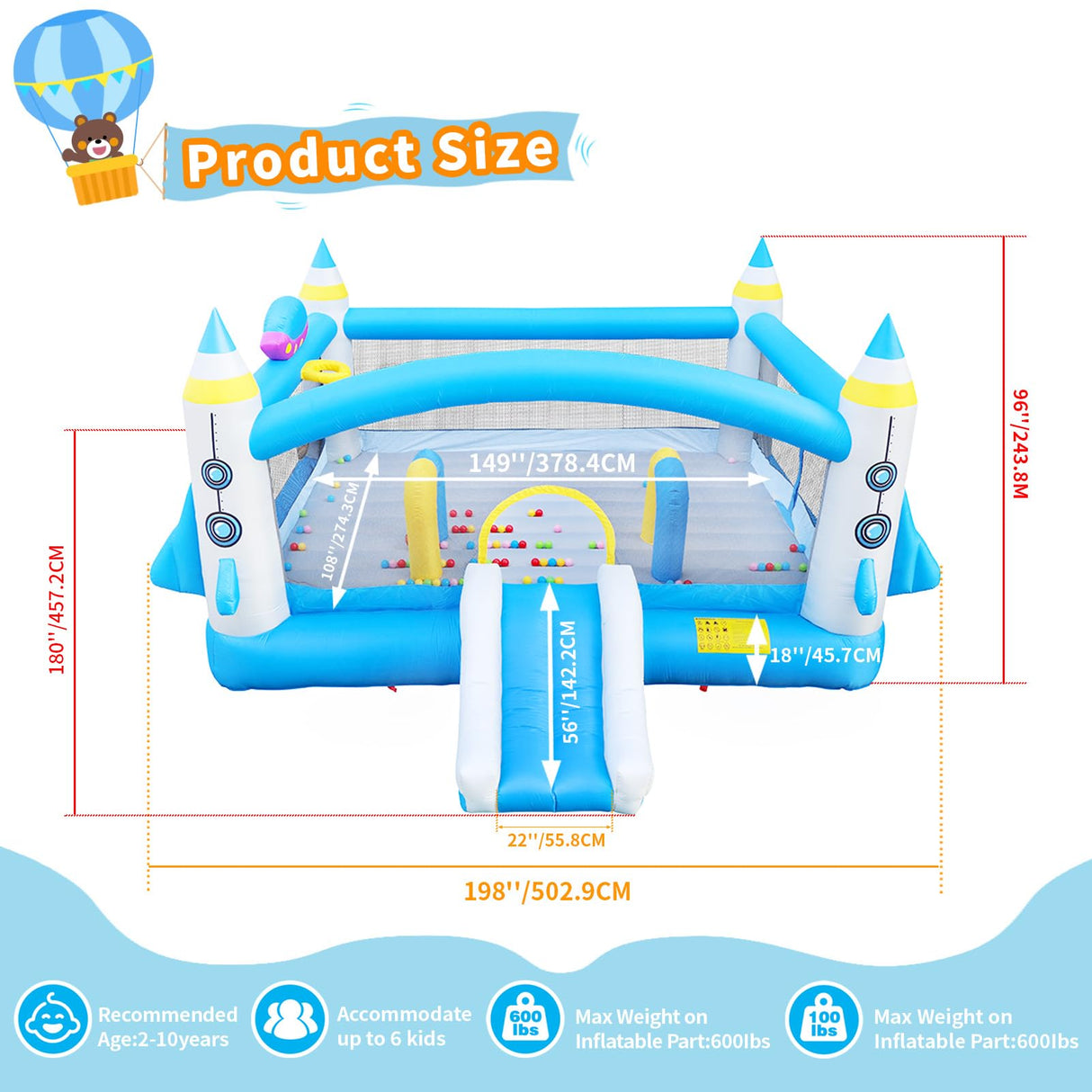 Large Bounce House for Big Kids, 16.5ft x 15ft Inflatable Bouncy Houses with Slide, Bouncy Area, Obstacle Arch, Basketball Hoop & Dart Game, Blue Bouncer Jump House Holds 6 Kids Aged 3-10, 650W Blower Ytonisld