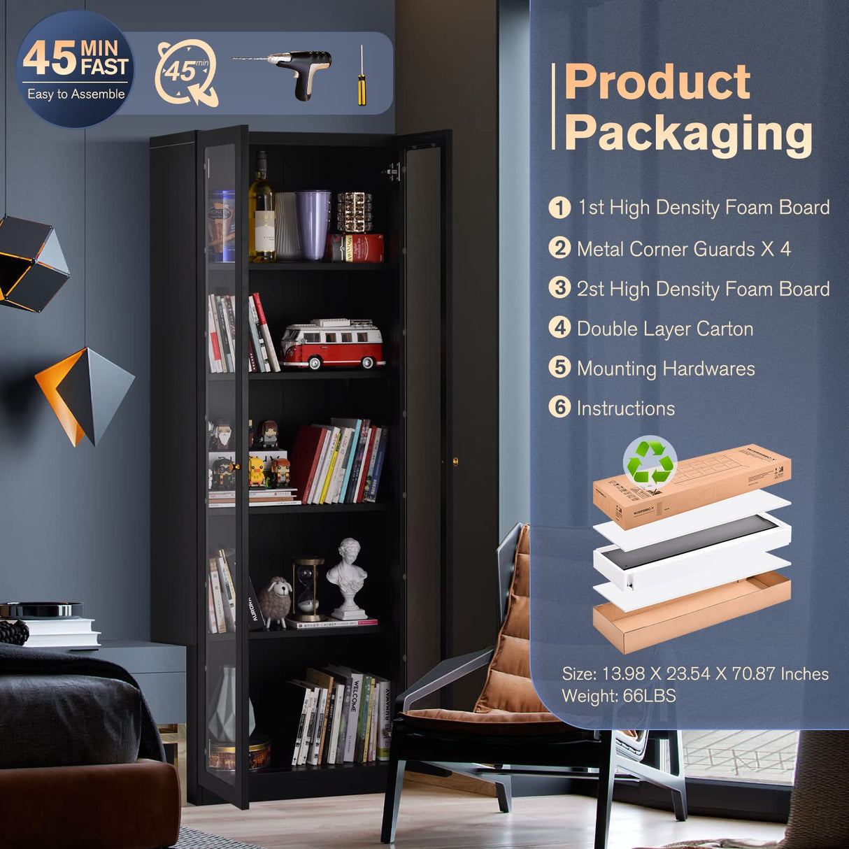 Alvisyd 5 Tier Metal Curio Cabinets, Modern Bookshelf Cabinet with 4 Adjustable Shelves, Cabinet Display Case for Home Office, Living Room, Pantry (Black) Alvisyd