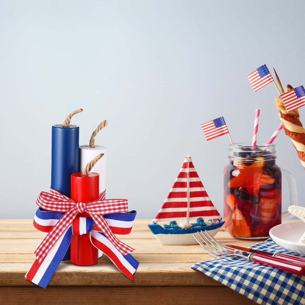 3 Pcs 4th of July Table Decoration Patriotic Tiered Tray Decor Red White Blue USA Firework Memorial Day Independence Day Wood Table Signs Fourth of July Centerpieces(Cute Style) Yalikop