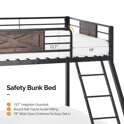 VINGLI Bunk Bed Twin Over Full Size with 2 Storage Drawers/Flat Rungs/Inclined Ladder, Heavy Duty Metal Slat Support, No Box Spring Needed, Black/Industrial Brown